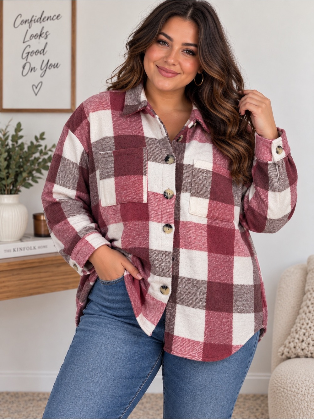Women’s Pink Burgundy Buffalo Plaid Shacket Oversized Shirt Jacket 2x